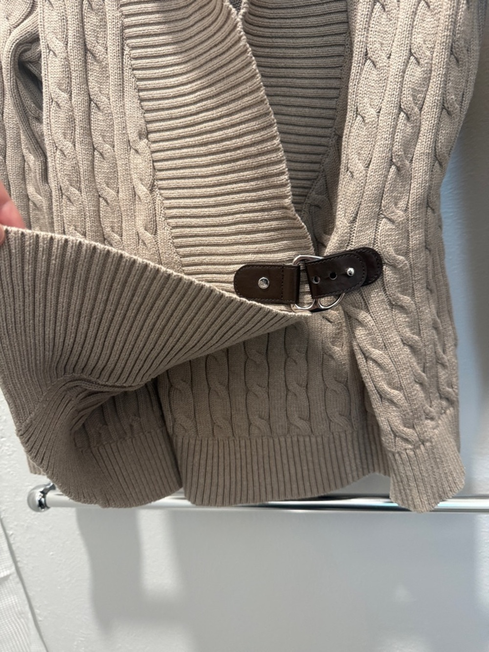 Lauren Ralph Lauren Beige Cable-Knit Shawl Collar Cardigan with Buckle - Picture 9 of 9